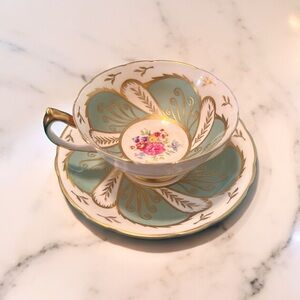 Paragon Vintage Mint Green, Gold, Pink Rose Tea Cup and Saucer Set